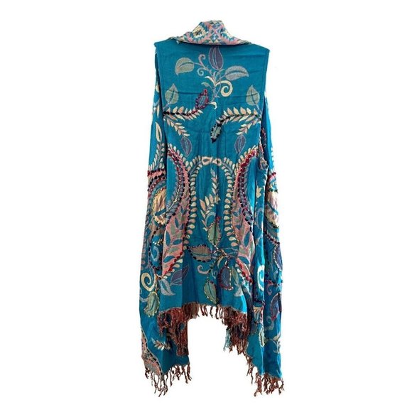 RAJ Imports Boho Embroidered Long Vest Dk Turquoise Vest Fringe 1 Size Layla - Picture 5 of 5